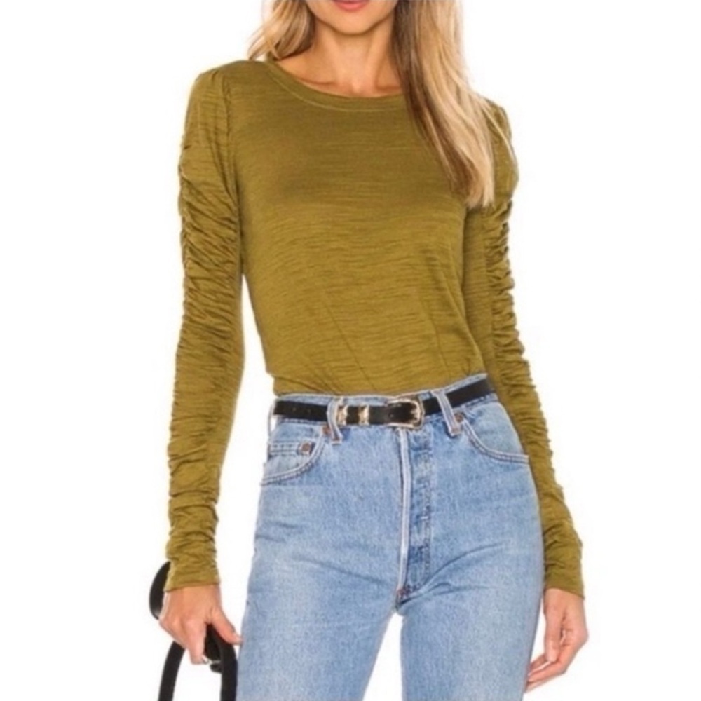 House Of Harlow 1960 Burnout Ruched Long Sleeve Tee Top Bronze Olive Medium Fall